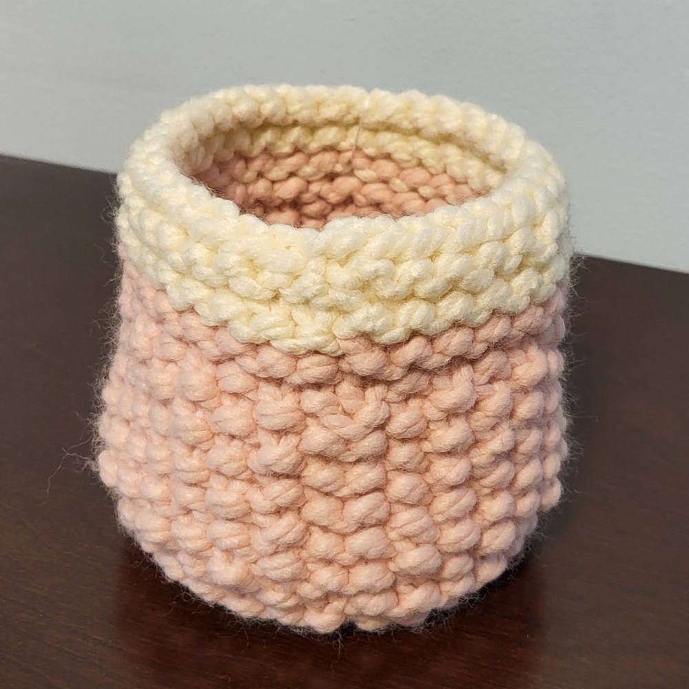 Hand Crafted Pink and Cream Knitted Basket